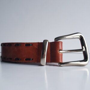 Vintage Belt Brown Leather ASK Hong Kong Black Contrast Stitch Silver Buckle